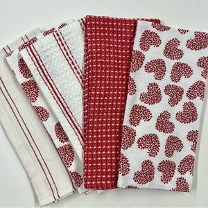 Nicole Miller Red Kitchen Tea Towels Hearts Farmhouse Red Set of 5 Towels NWOT